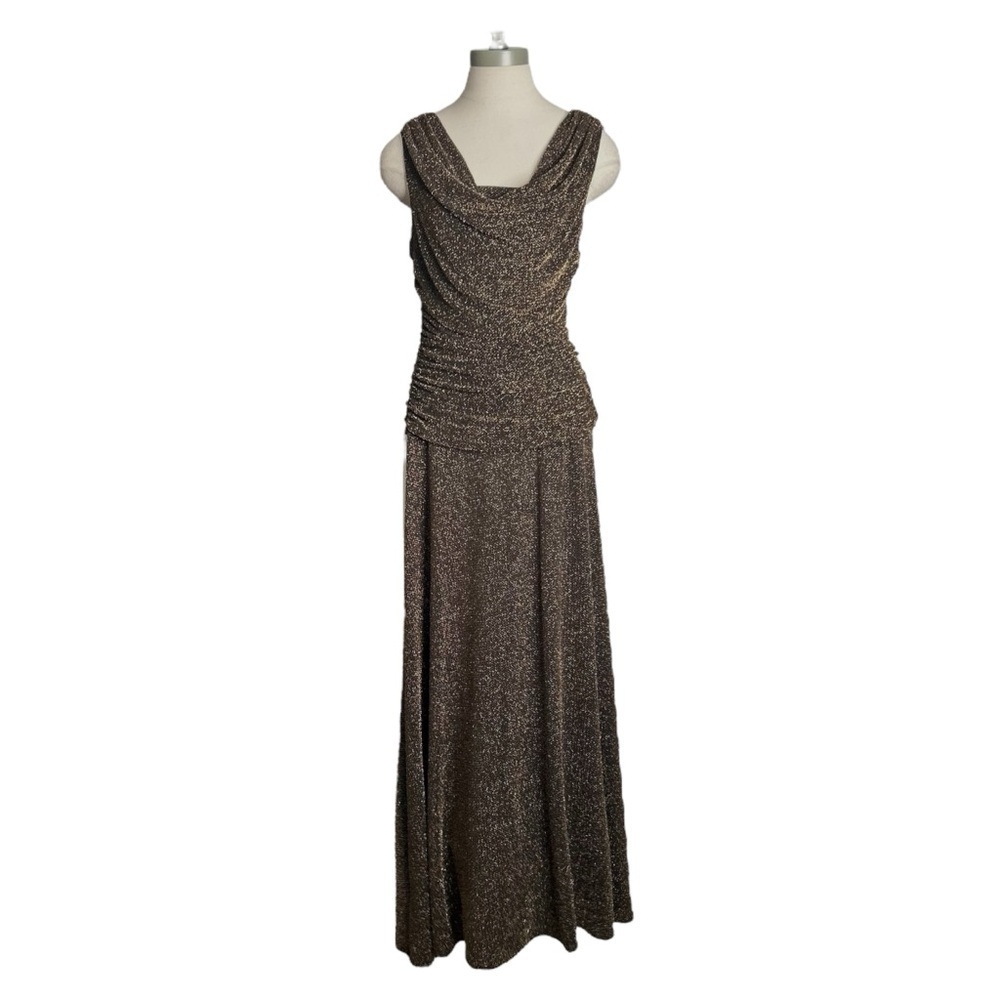 NW Nightway Black Gold Metallic Sleeveless Ruched y2K Maxi Gown Dress Size 10P - Picture 3 of 13